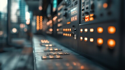 Close-up of industrial control panel with illuminated buttons and switches in a modern setting.