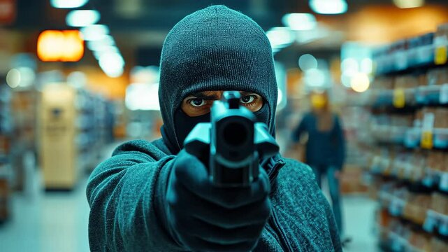 A masked intruder threatens in a dark store, instilling fear and urgency as they brandish a firearm amid the chaos.