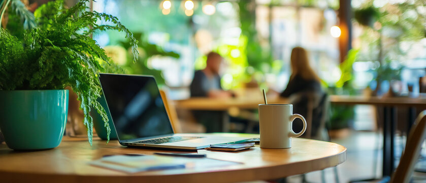 Helles B&uuml;roambiente mit Laptop, Pflanzen und Menschen im Hintergrund

