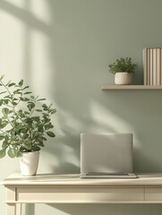 Helles und stilvolles Home Office mit Katze und Pflanzen auf dem Tisch

