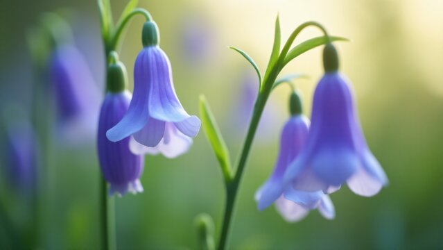 A delicate violet-blue campanilla with smooth, bell-shaped petals. The flower's gentle curve and subtle veining enhance its peaceful, tranquil aura, glowing softly in filtered sunlight in a serene gar