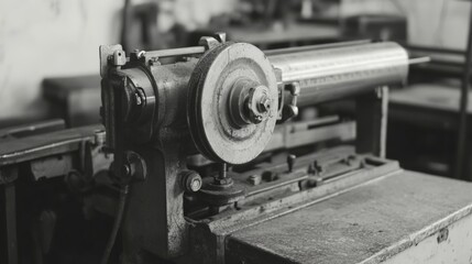 Fototapeta premium Close-up of vintage industrial machinery in monochrome.