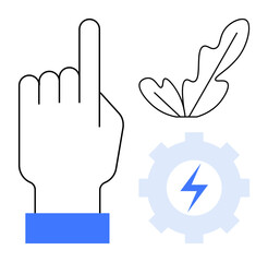 Hand pointing up, adjacent leaf and gear with lightning bolt. Ideal for sustainability, innovation, empowerment, technology, engineering, environmental issues teamwork. Simple flat line style