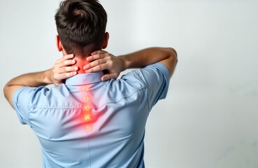Man with neck, back pain. Holds neck, back. Red marks show pain areas. Painful body areas highlighted. Photo on white background. Man pain symptoms. Potential health problems like injury