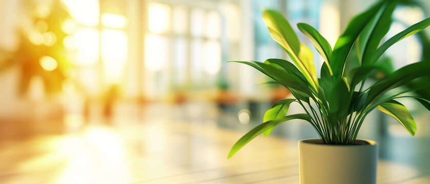 Moderne B&uuml;roatmosph&auml;re mit einer gr&uuml;nen Pflanze im Fokus

