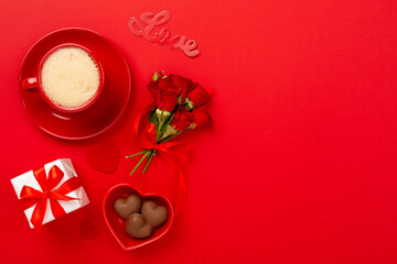 Morning breakfast for Valentines day on color background, top view