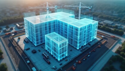 Digital twin simulation for construction project. Construction site with building models. Simulation software interface visible. Data analysis tools present. Construction vehicles on site. Blue light