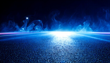 Obraz premium Dramatic nighttime asphalt road scene with blue smoke and glowing light streaks. Perfect for album art, music videos, or futuristic backgrounds. High-resolution image ideal for large-scale projects.
