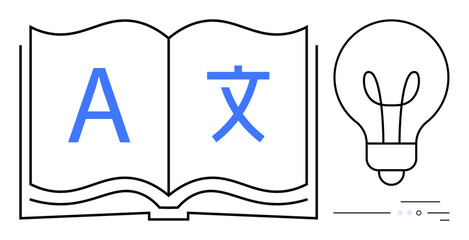Open book with English and Chinese characters beside a light bulb. Ideal for education, translation services, language learning, creative writing, e-learning, brainstorming, innovation concepts. Line