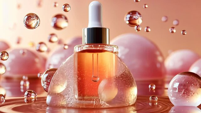 Captivating beauty elixir in surreal setting with sparkling bubbles and soft hues, illuminating the essence of skincare bliss. Generative AI