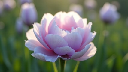 Fototapeta premium A delicate eustoma (lisianthus) with soft, ruffled lavender, pink, or white petals. Its luxurious, layered form and elegant finish create a serene, graceful focal point in any garden.