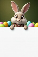 Fototapeta premium Ein fröhlicher Osterhase schaut über eine weiße Fläche mit Textfeld, umgeben von bunten Ostereiern, mit grünem Hintergrund – ideal als Mockup oder Ostergrußkarte. Generative KI.