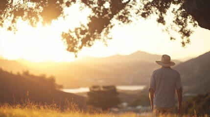 Fototapeta premium Man in hat enjoying sunset view over hills.