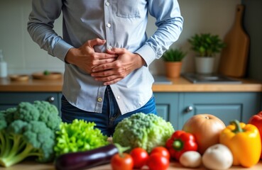 Man suffers stomach ache after eating vegetables in kitchen. Holds belly with pained expression. Many vegetables like broccoli pepper, aubergine on kitchen table. Painful food reaction food