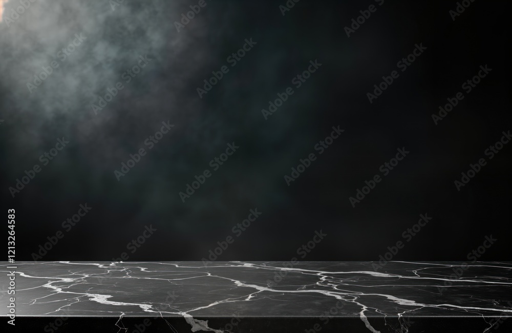 Poster Empty black marble countertop on dark background. Modern design template for product display. Versatile for variety of items. Modern vintage style product presentation. Studio setup with smooth