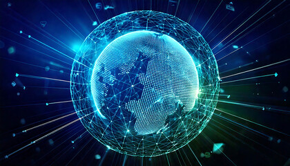 Obraz premium Stunning futuristic globe encased in a vibrant blue network, radiating energy. Perfect for illustrating global connectivity, technology, data, AI, or communication concepts.