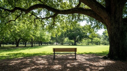 Park bench under shady tree, sunny day.