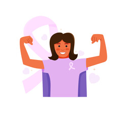 Vector of happy little girl with cancer wear super hero outfit  and strong pose, pink ribbon on the background