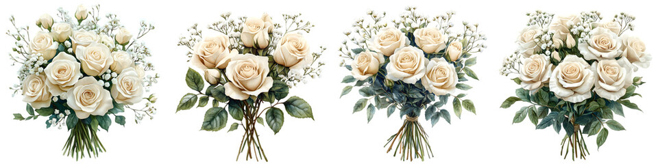 Fototapeta premium Elegant White Rose Bouquets – High-Resolution Watercolor Floral Arrangements – Romantic Wedding Flowers & Luxury Botanical Illustrations
