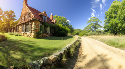 Charmantes Steinhaus an einem l&auml;ndlichen Weg im Sommer - KI generiert