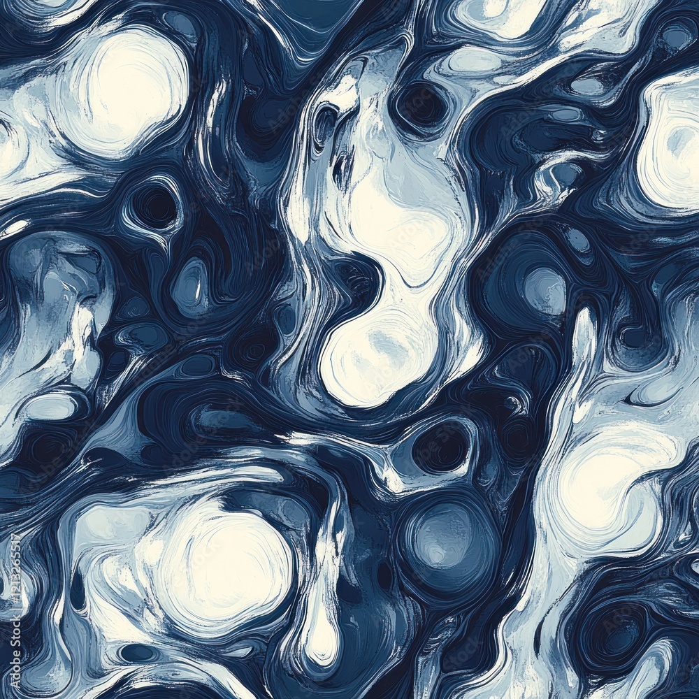 Poster seamless abstract pattern with swirling shapes and bold brush strokes in navy and white