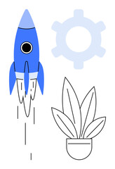 Blue rocket launching, accompanied by light blue gear and black-outlined potted plant. Ideal for startup concepts, innovation, growth, productivity, tech development, entrepreneurship, success