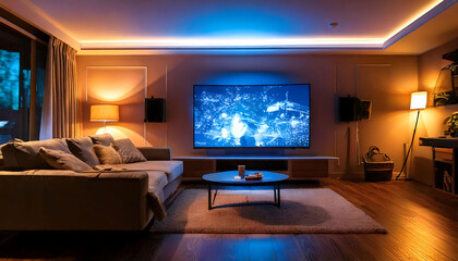 Cozy living room at night with a large screen TV displaying a vibrant cityscape. Warm lighting and soft furnishings create a relaxing atmosphere, perfect for movie nights or family gatherings.