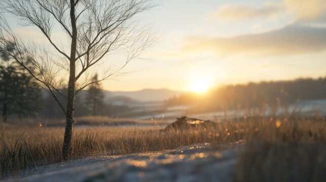 Serene winter sunrise over snow-covered field with lone tree.