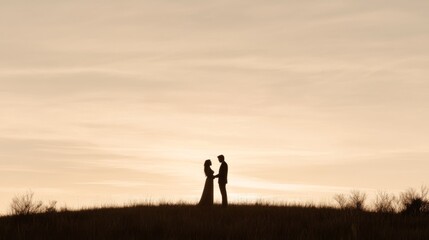 Silhouette of a couple holding hands at sunset on a hill. (1)