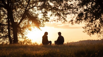 Silhouetted couple conversing at sunset under a tree.