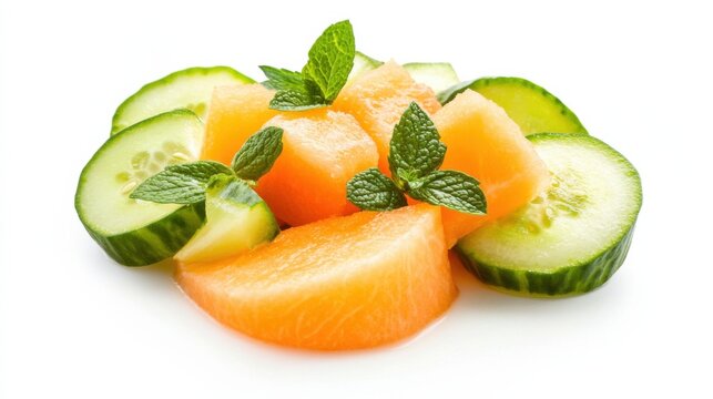 A refreshing cucumber melon salad with mint and lime dressing, Each slice of cucumber and melon crisp and cool, Set against an isolated white background to accentuate its hydrating properties 
