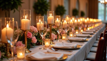 Festive table setting for wedding party dinner. Elegant decor with candles, pink flowers. Romantic atmosphere. Many glasses, plates. Luxurious, beautiful interior. Prepared for celebration.