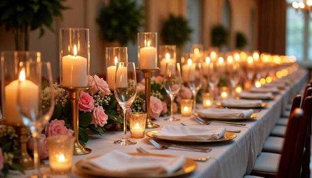 Festive table setting for wedding party dinner. Elegant decor with candles, pink flowers. Romantic atmosphere. Many glasses, plates. Luxurious, beautiful interior. Prepared for celebration.