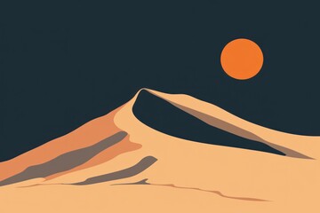Desert dune landscape, night sky, orange moon, minimalist art, poster design