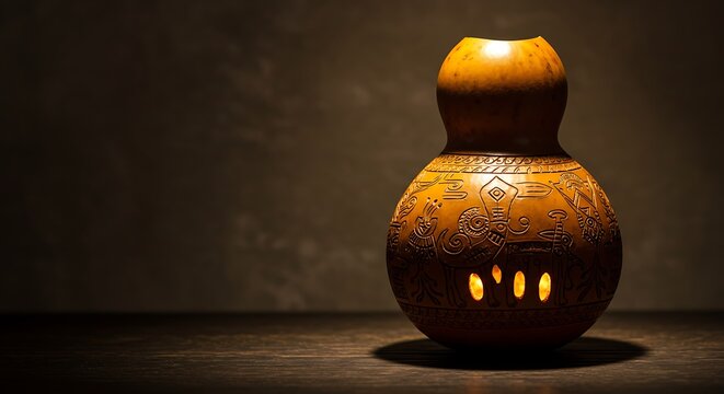 Warm glowing intricately carved gourd lamp casting soft shadows on a rustic dark background, concept for cultural decor, artisanal product display and cozy home ambiance