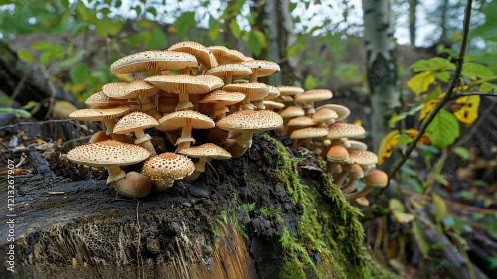 Poster mushrooms and fungi growth on decaying log in wild forest journey through natures ecosystem and gree