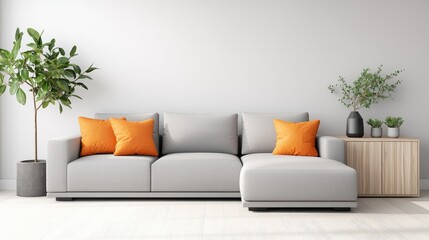Fototapeta premium Modern living room interior design with grey sectional sofa and orange pillows
