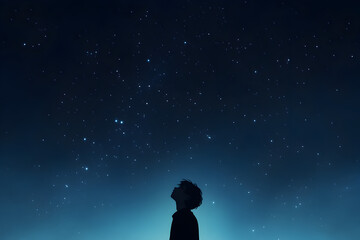 Obraz premium A person standing under a starry sky, their mind glowing with calm and peaceful thoughts as they look up toward the stars.