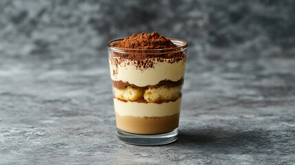 Classic Italian tiramisu dessert served in elegant glassware with layers of mascarpone cream, coffee-soaked ladyfingers, and cocoa powder, perfect for gourmet indulgence, special occasions