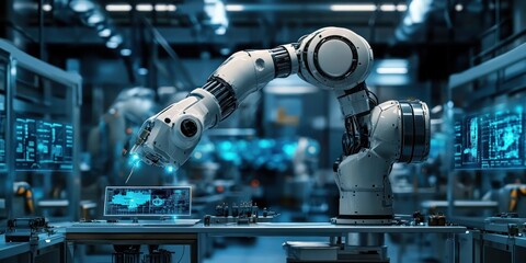 Fototapeta premium Futuristic Robotic Arm Performing Precision Medical Surgery and Advanced Hospital Operations Technology