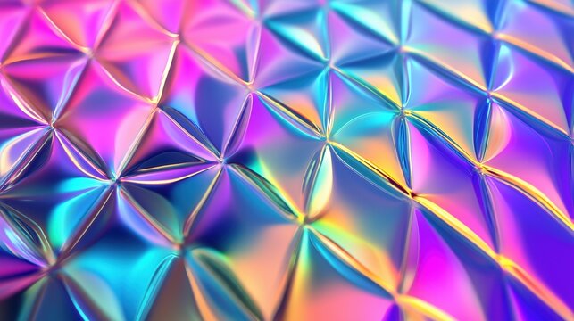 Faceted triangular grid shifting rainbow color pattern with holographic iridescent surface for wallpaper/background.