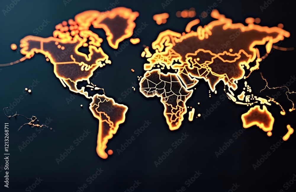 Wall mural global network map. vivid glowing lines display countries forming interconnected network. dark backg