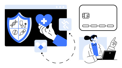 Medical icons in shield, hand holding heart with cross, credit card icon, female professional with laptop. Ideal for healthcare, online services, insurance, finance, telemedicine IT support service