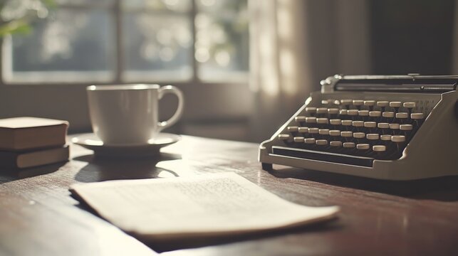 Vintage typewriter, manuscript, coffee cup on wooden desk near window.