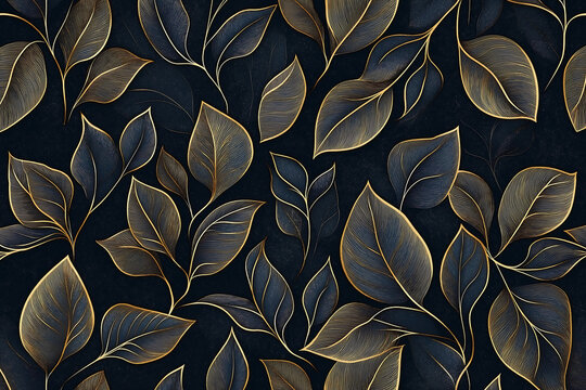 Fototapeta Elegant floral organic texture wallpaper illustration featuring intricate gold line art leaves on a dark, mysterious background with a seamless repeating pattern