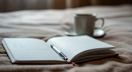 Open notebook with a pen and a coffee cup creates a cozy and productive atmosphere on a soft blanket