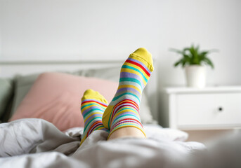 Woman relaxing in bed with colorful striped socks up, enjoying a peaceful morning at home