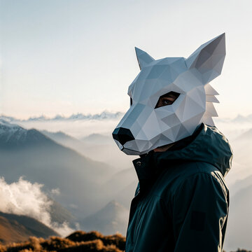 Hiker wearing an origami wolf mask enjoying a beautiful mountain view
