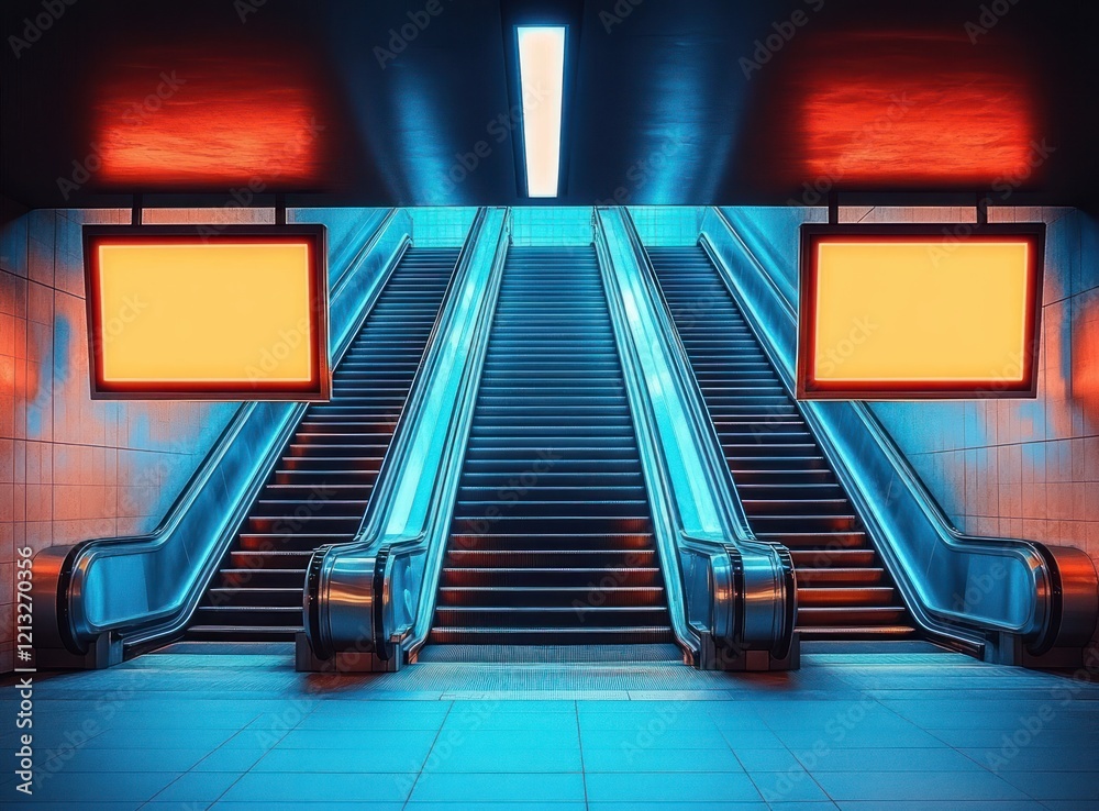 Poster modern subway station displaying vertical advertisement panels with escalators and neon lighting