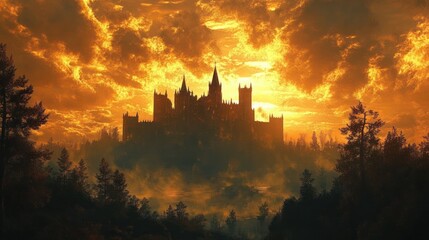 Fototapeta premium Medieval Castle at Sunset in a Dark Fantasy Landscape